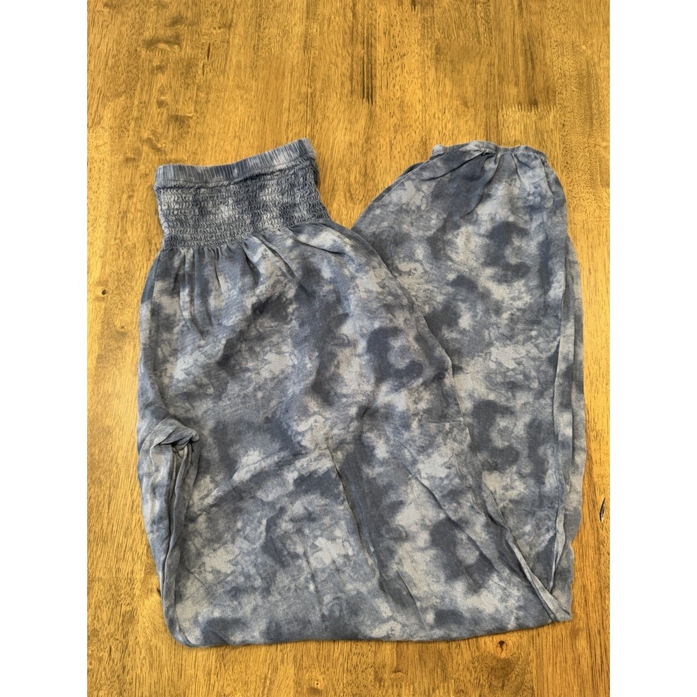 Lotus and Luna Women's Harem Pants Blue White Floral Rayon Pockets Drawstring